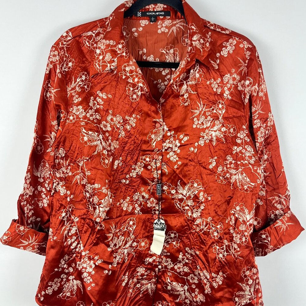 Coupe Top Blouse Size L Brown Floral 3/4 Sleeve Button Up 100% Polyester
